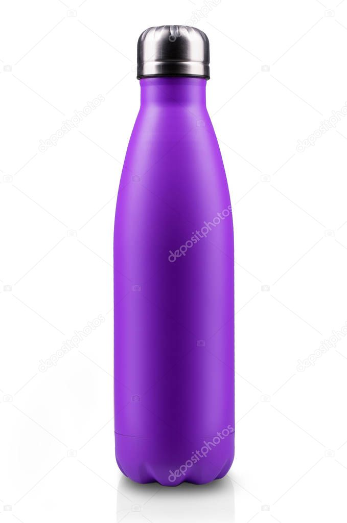 Purple stainless thermo water bottle, close-up, empty mockup isolated on white background.