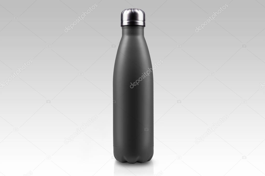 Empty stainless thermo water bottle close-up isolated on white background