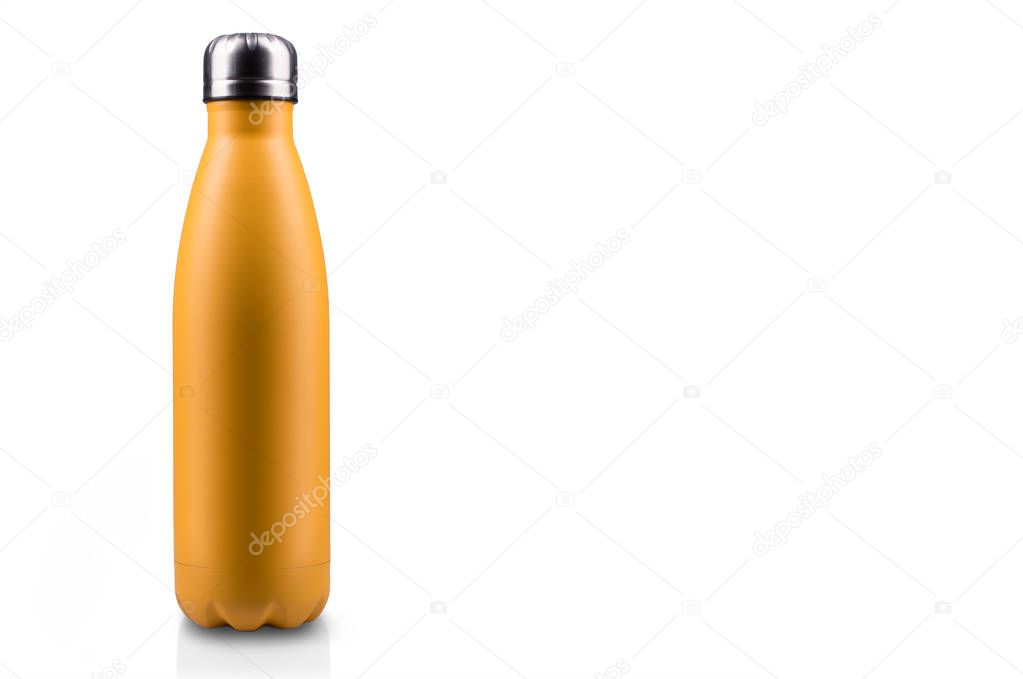 Yellow empty stainless thermo water bottle close-up isolated on white background.