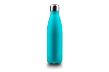 Stainless thermos water bottle, isolated on white background. Light blue color clipart