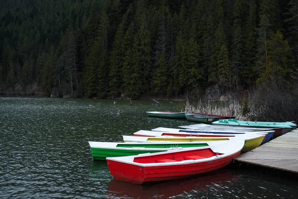 Barcos Multicoloridos Lago Floresta Fundo — Fotografia de Stock