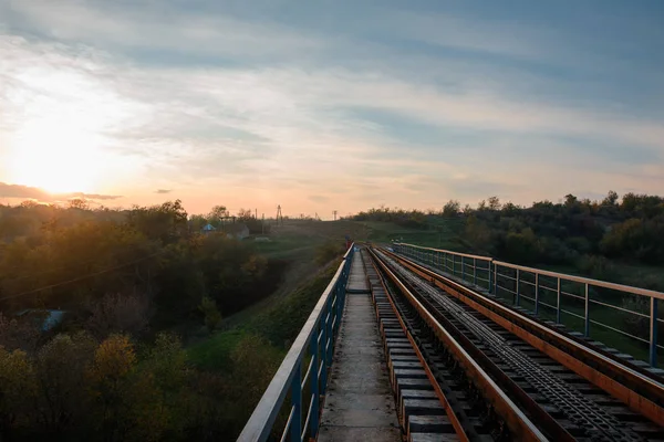 Landschaft Von Sonnenuntergang Und Eisenbahn Dorf Moldawien 2017 — Stockfoto