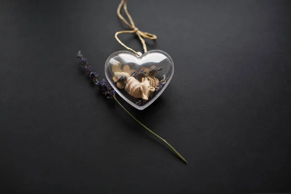 Valentines Day Background Glass Heart Lavender Flower Black Background — Stock Photo, Image