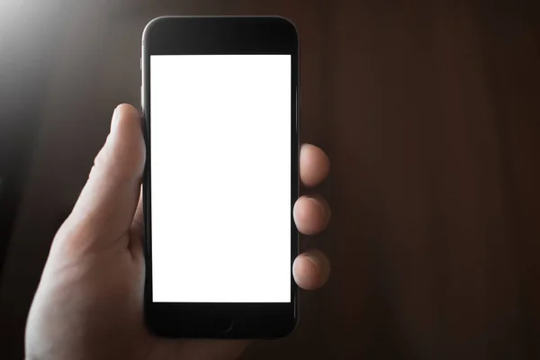 Närbild Bild Hand Som Håller Smartphone Med Tom Mockup — Stockfoto