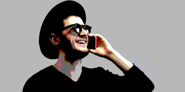 Ilustração Colorida Homem Sorridente Com Smartphone Mão — Fotografia de Stock