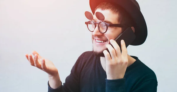 Portrait Modern Smiling Young Guy Using Smartphone White Background Wearing — 스톡 사진