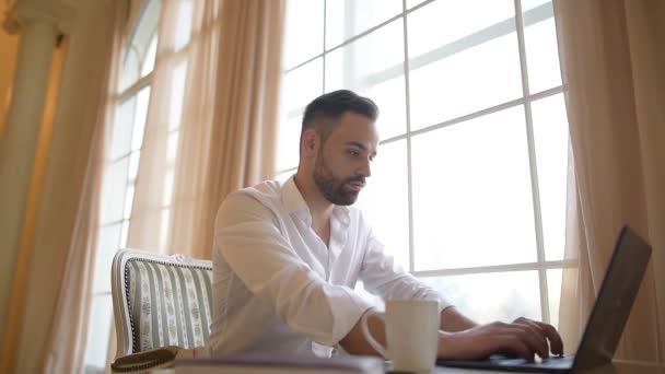 Boss söker praktikant som arbetar på laptop över fönsterbakgrund. — Stockvideo