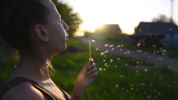 Close-up van tienermeisje paardenbloem blazen bij zonsondergang. — Stockvideo