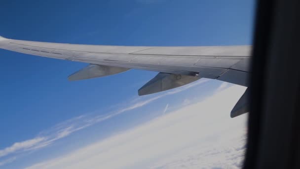 Pohled na křídlo letadla letadlo oknem. Létání nad mraky. — Stock video