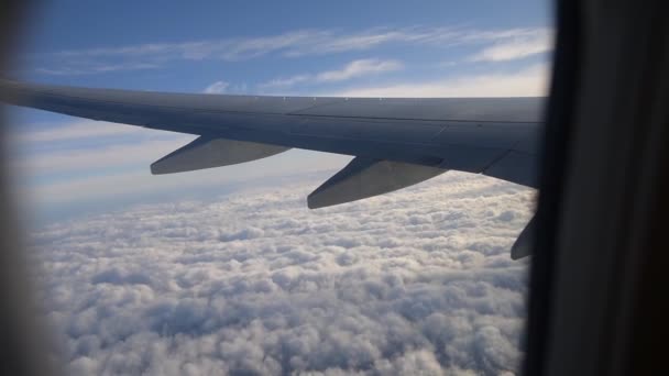 Weergave van vliegtuig vleugel door vliegtuig raam. Vliegen boven de wolken. — Stockvideo