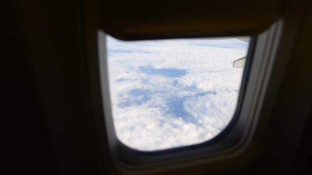 View of airplane wing through plane window. Flying above the clouds. — Stock Video