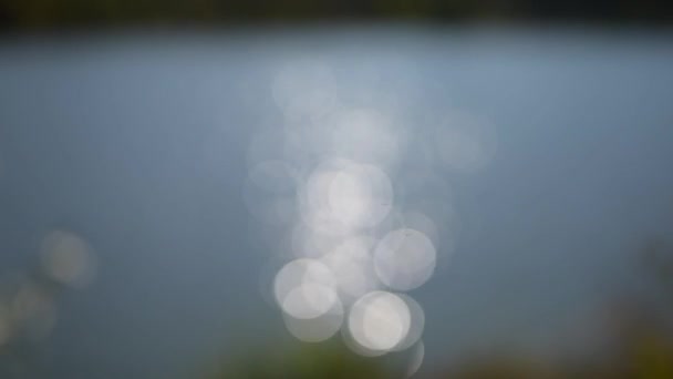 Abstract blurred reflection of sunlight in lake. Bokeh background. — Stock Video