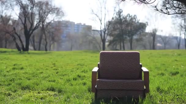 Sillón soviético viejo en hierba verde al aire libre . — Vídeos de Stock