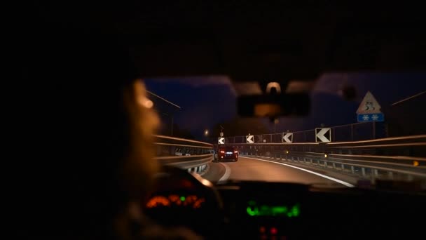 Vista de la carretera desde el interior del coche. Hombre conduciendo un coche en la noche. — Vídeo de stock