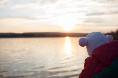 Göl ve günbatımı arka planda bebeğin arka görünümü.