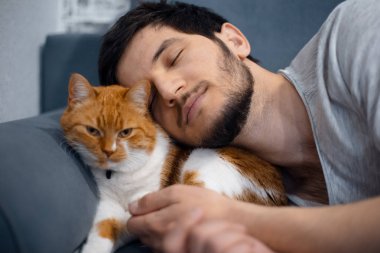 Uyuyan Genç adam ve kırmızı beyaz kedi.