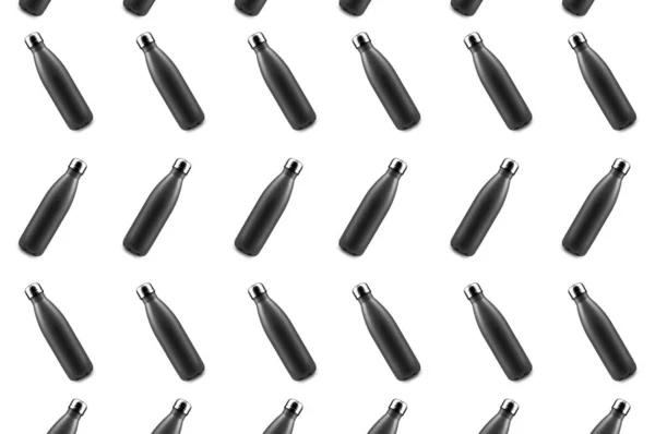 Foto Patroon Van Zwarte Herbruikbare Thermo Flessen Geïsoleerd Witte Achtergrond — Stockfoto