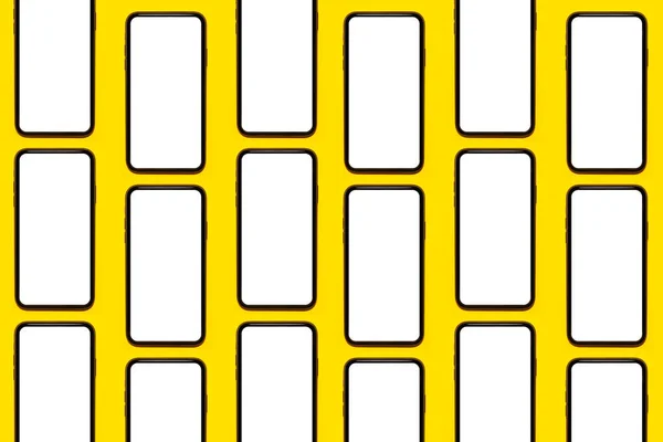 黄色を背景にしたモックアップ付きスマートフォンのパターン — ストック写真