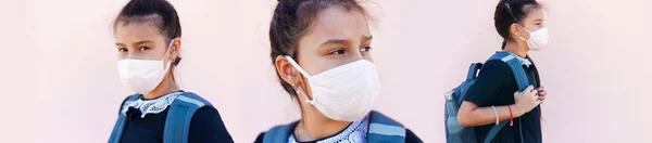 Retratos Colagem Menina Com Máscara Segurança Médica Rosto Contra Coronavírus — Fotografia de Stock