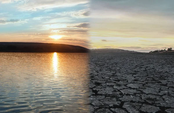 Klimaschutzkonzept Davor Und Danach Die Globale Erwärmung Trockener See — Stockfoto