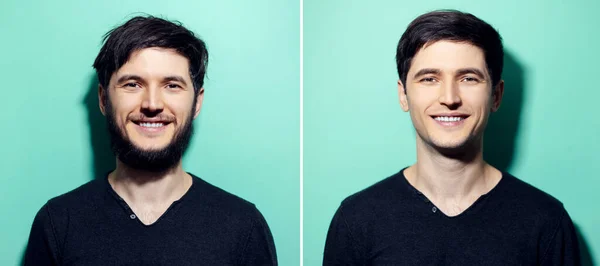 Retratos Colagem Jovens Homens Sorridentes Antes Depois Raspados Fundo Aqua — Fotografia de Stock