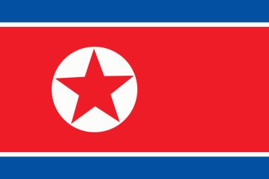 Kırmızı merkez bandı, mavi kenarları ve beyaz yıldız amblemi olan Kuzey Kore ulusal bayrağının düz, düzenlenebilir vektörü. Web ve yazdırma kullanımı için temiz ve basit tasarım.