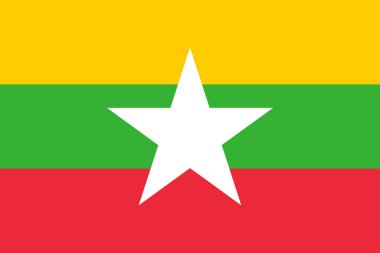 Yatay çizgili sarı, yeşil, kırmızı ve beyaz yıldızlı Myanmar bayrağının düz stili. Web, baskı ve editoryal kullanım için basit tasarım.