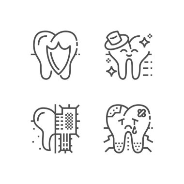 Modern diş hekimi klinik simgeler kümesi. Sigorta primi Tıp sembolü koleksiyonu. Vektör stomatology çizim. Satır ortodontik piktogram paketi.