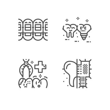 Modern diş hekimi klinik simgeler kümesi. Sigorta primi Tıp sembolü koleksiyonu. Vektör stomatology çizim. Satır ortodontik piktogram paketi.