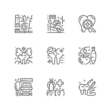 Modern diş hekimi klinik simgeler kümesi. Sigorta primi Tıp sembolü koleksiyonu. Vektör stomatology çizim. Satır ortodontik piktogram paketi.