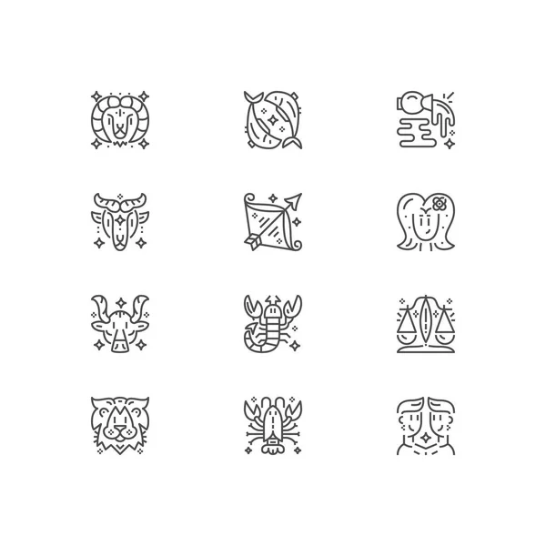 Simple set of astrology icons. Premium magic symbol collection. All zodiac vector illustrations. Line horoscope sign pack. — Stock Vector