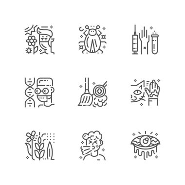 Basit Anti simgeler kümesi. Sigorta primi Tıp sembolü koleksiyonu. Vektör çizim. Satır Alerjik piktogram paketi.