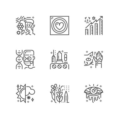 Basit Anti simgeler kümesi. Sigorta primi Tıp sembolü koleksiyonu. Vektör çizim. Satır Alerjik piktogram paketi.