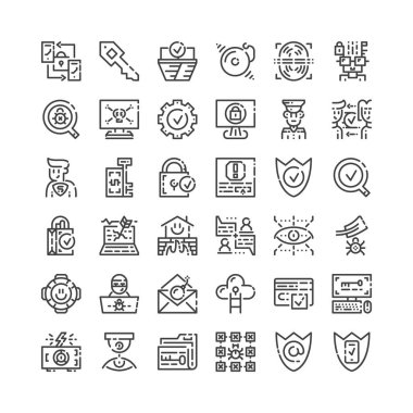 Siber güvenlik simgeleri basit dizi. Sigorta primi protrct sembolü koleksiyonu. Vektör çizim. Hat koruma piktogram paketi.