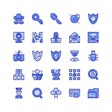 Siber güvenlik simgeleri basit dizi. Sigorta primi protrct sembolü koleksiyonu. Vektör çizim. Hat koruma piktogram paketi.