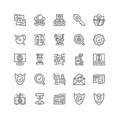 Siber güvenlik simgeleri basit dizi. Sigorta primi protrct sembolü koleksiyonu. Vektör çizim. Hat koruma piktogram paketi.