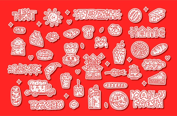 Etiketleri ve yamalar bakry elemanları - ekmek, pasta, pizza, tatlı ile kümesi. Doodle vecor illüstrasyon.