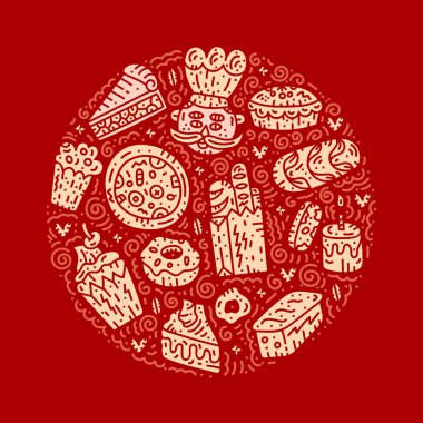 Kırmızı daire kavram kartı. Fırın vektör rozeti. Parlak doodle illüstrasyon.