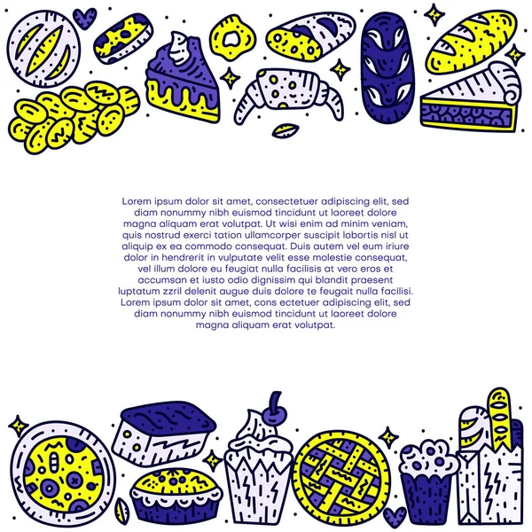 Téglalap alakú pékség szöveg sablon. Doodle vektoros illusztráció — Stock Vector