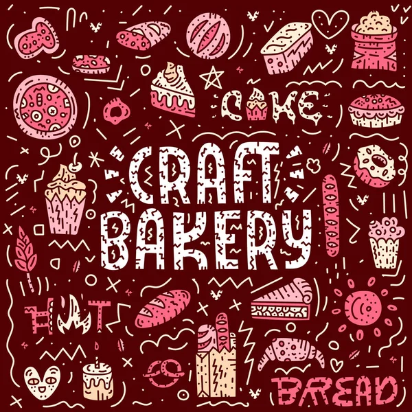 Zanaat ekmek yazı kartı. Doodle vektör çizim. Ekmek, pizza, pasta ile kare yumurtalar kavramı