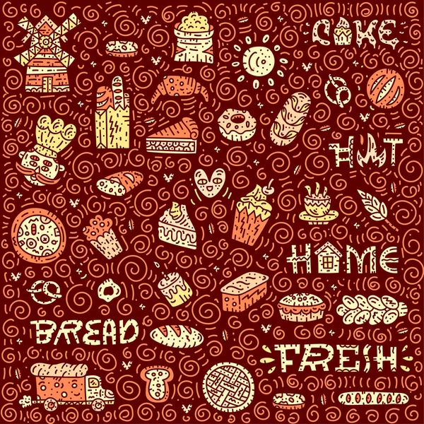 Kézműves pékségek betűkkel kártya. Doodle vektoros illusztráció. Szögletes bakey koncepció, kenyér, pizza pie. Kézzel rajzolt aranyos koncepció. — Stock Vector