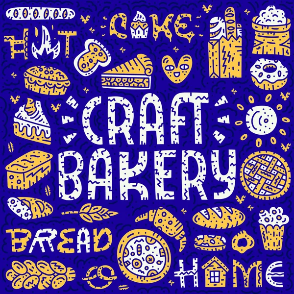 Zanaat ekmek yazı kartı. Doodle vektör çizim. Ekmek, pizza, pasta ile yumurtalar kavramı kare. Karikatür vektör kavramı.