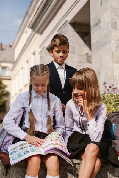 Školáky Školním Dvoře Baví Děti Spěchají Školy Zpět Školy — Stock fotografie