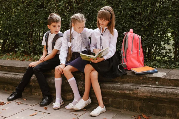 Los Escolares Divierten Patio Escuela Los Niños Apresuran Escuela Volver — Foto de Stock