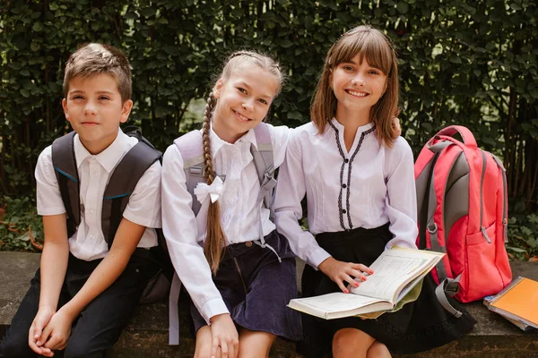 Los Escolares Divierten Patio Escuela Los Niños Apresuran Escuela Volver — Foto de Stock