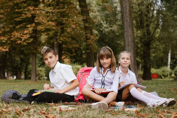 Dzieci Szkolne Wykonują Pracę Domową Przyrodzie Schoolchildren Bawić — Zdjęcie stockowe