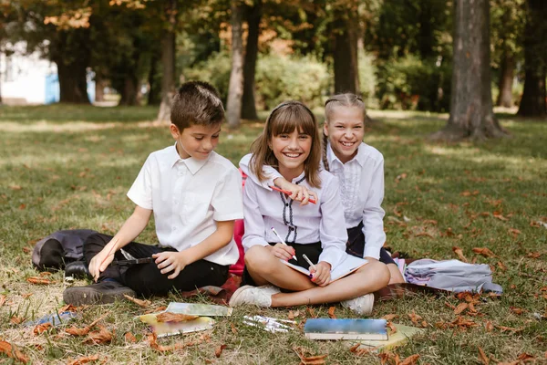 Dzieci Szkolne Wykonują Pracę Domową Przyrodzie Schoolchildren Bawić — Zdjęcie stockowe