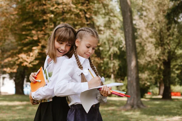 Возвращайся Школу School Children Doing Homework Nature Schoolgirls Have Fun — стоковое фото