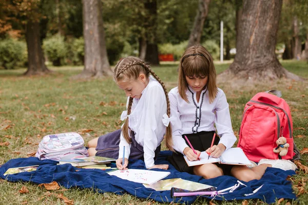 Vissza Iskolába Iskolás Gyerekek Csinál Házi Feladatot Természetben Schoolgirls Szórakozni — Stock Fotó