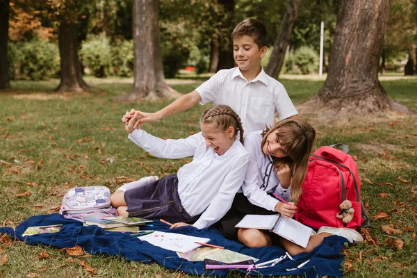 Los Escolares Están Divirtiendo Los Niños Divierten Parque — Foto de Stock